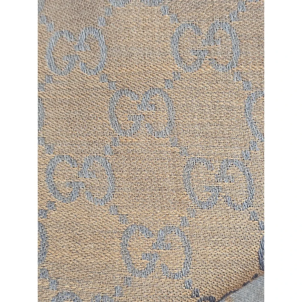 Gucci GG Monogram Scarf Unisex Brown Blue Jacquard Silk Wool Fringed Shawl Wrap